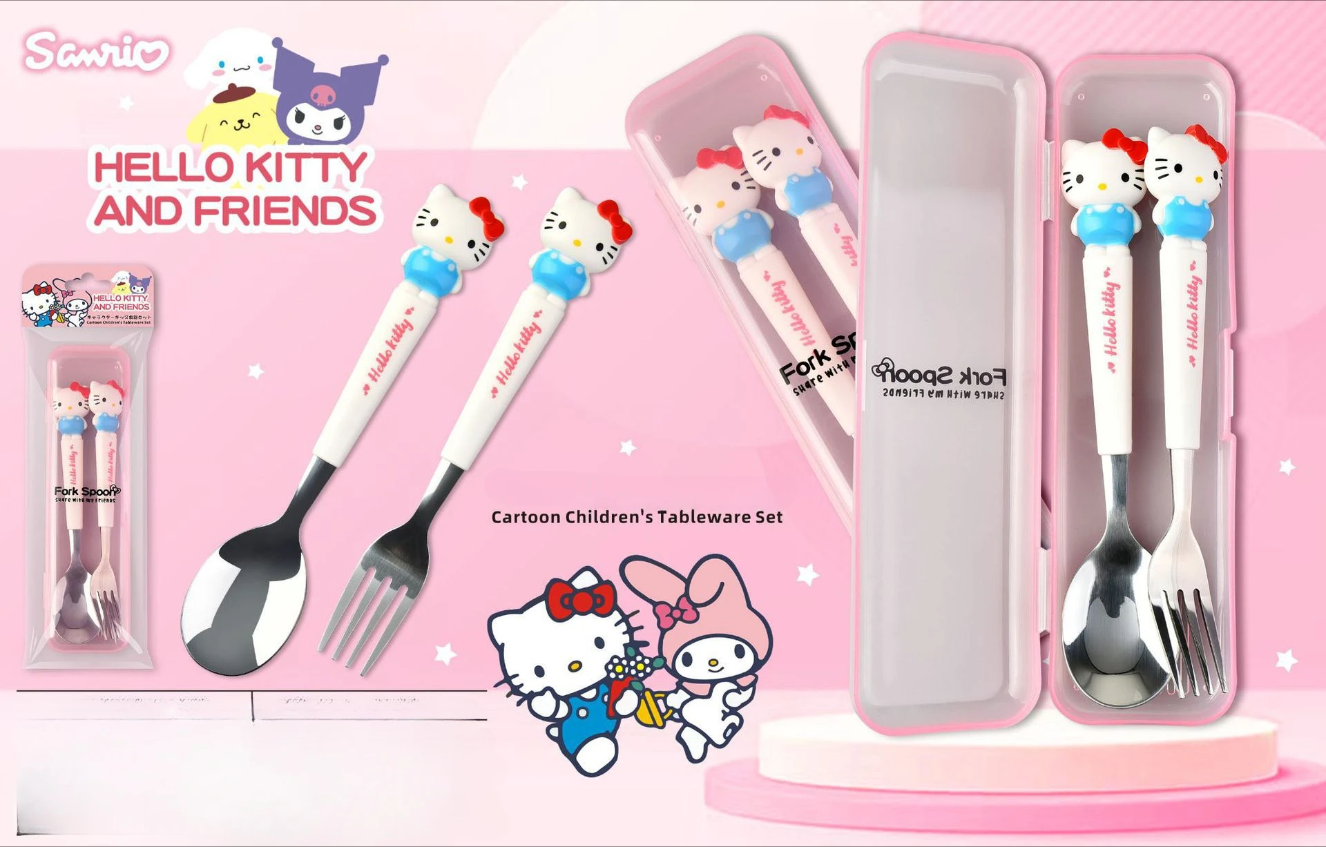Sanrio Cinnamoroll Melody Hello Kitty Kuromi Steel เด็กน่ารักการ์ตูนแบบพกพาบนโต๊ะอาหารชุดช้อนตะเกียบ