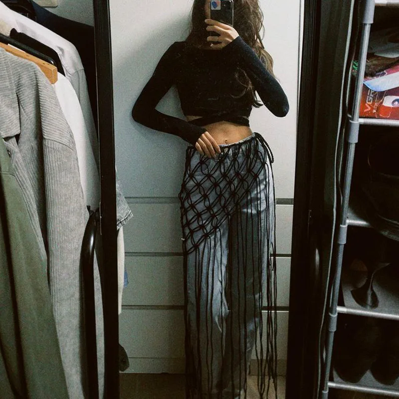 Boho Netted Fringe Belt for Women Handmade Crochet Cover Up Skirt Festival Street Style Waistband for Jeans Suit Waist Accessory