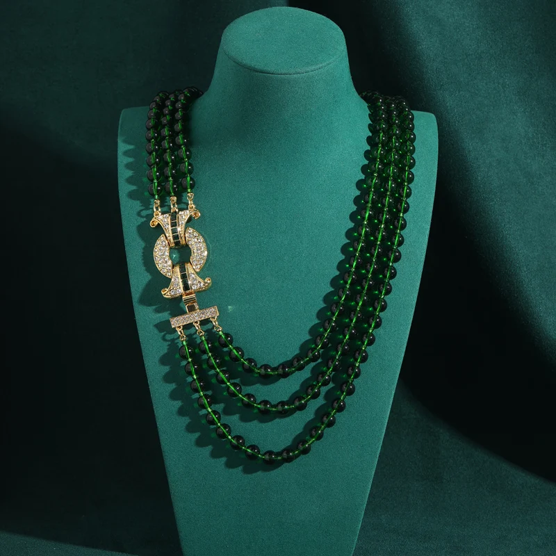 خمر الزمرد الأخضر مطرز الطبقات قلادة جميلة المرأة العتيقة الذهب اللون الزركون كريستال الفاخرة مصمم مجوهرات 2025 جديد