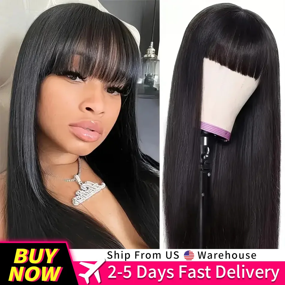 

Bone Straight Human Hair Wig With Bangs 30 Inch Brazilian 3x1 HD Lace Wigs Glueless Wig Human Hair Natural Black Color For Women