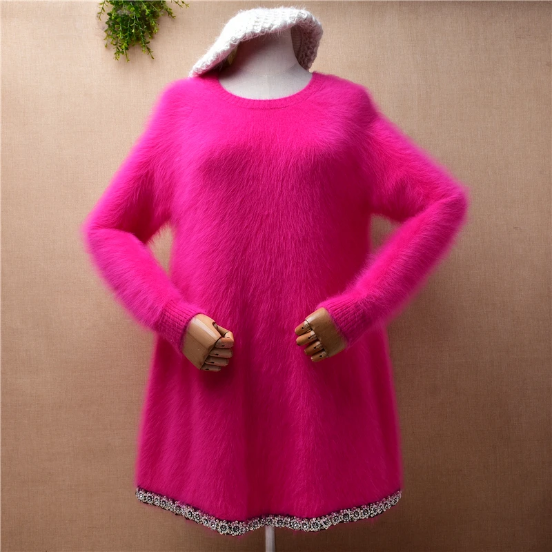 04 Female Women Fall Winter Clothing Pull Rose Hairy Beading Mink Cashmere Knitted O-Neck Slim Blouses Pullover Sweater Dress