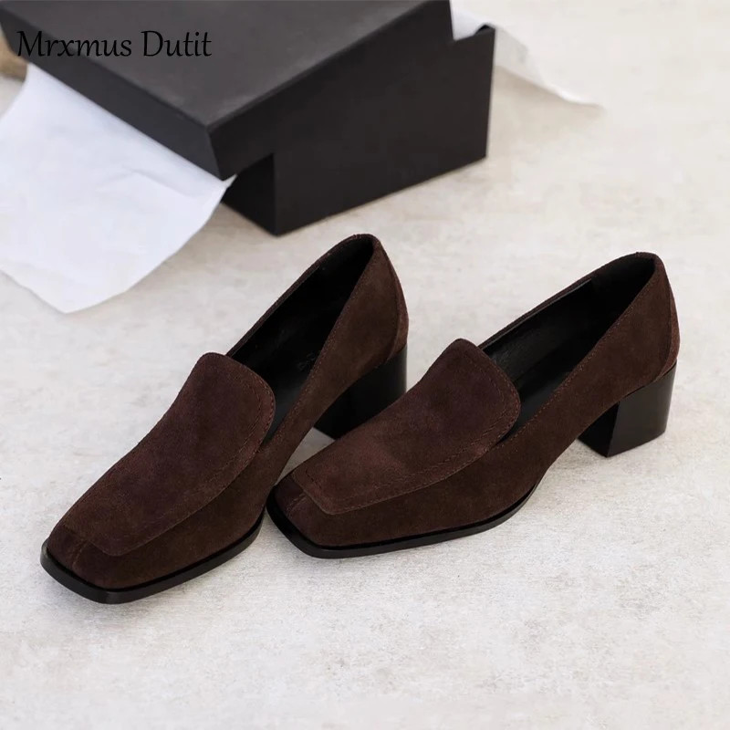 Mrxmus Dutit 2024 Autumn New Women Genuine Leather Vintage Suede Shoes Solid Thick Mid Heel Loafer Shoes Versatile Female Chic