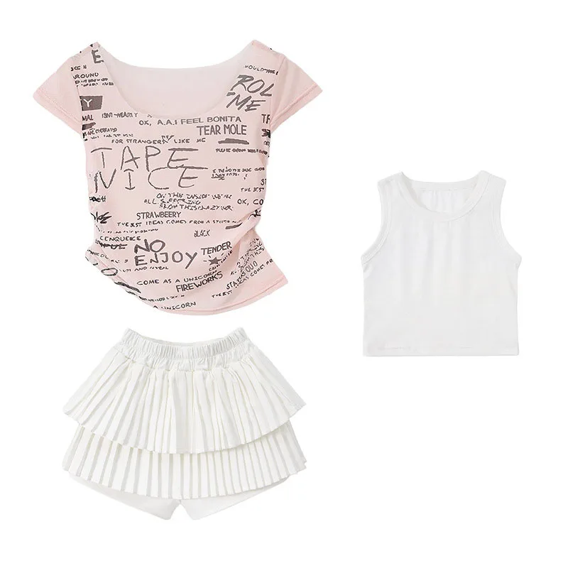 طفل Kpop الهيب هوب الملابس خطابات طباعة شاش شفاف تي شيرت أبيض الطبقات مطوي تنورة لفتاة ملابس رقص الجاز الملابس #5