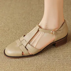 Women's genuine leather narrow band braided t-strap flats sandals round toe casual female summer roman style shoes for women hot