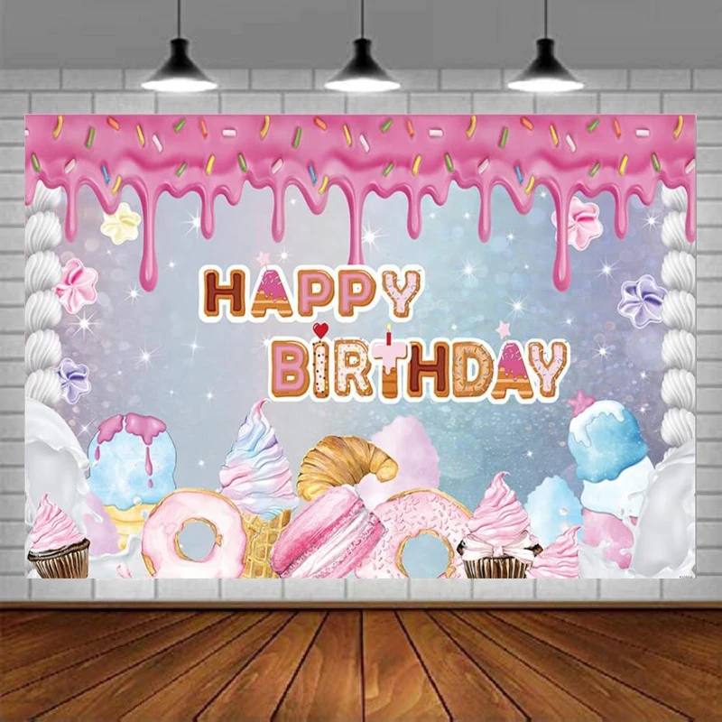 

Donut Birthday Party Photography Backdrop Confetti Pink Desserts Background Kids Girls Grow up Sweet One Ice Cream Favors Decor