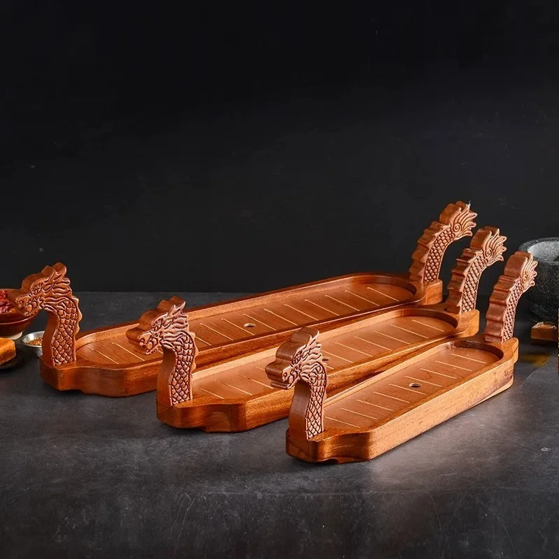 Creative Wooden Dragon Boat Dry Ice Platter Decor Serving Tableware for Seafood Sushi Bento Onigiri Buffet