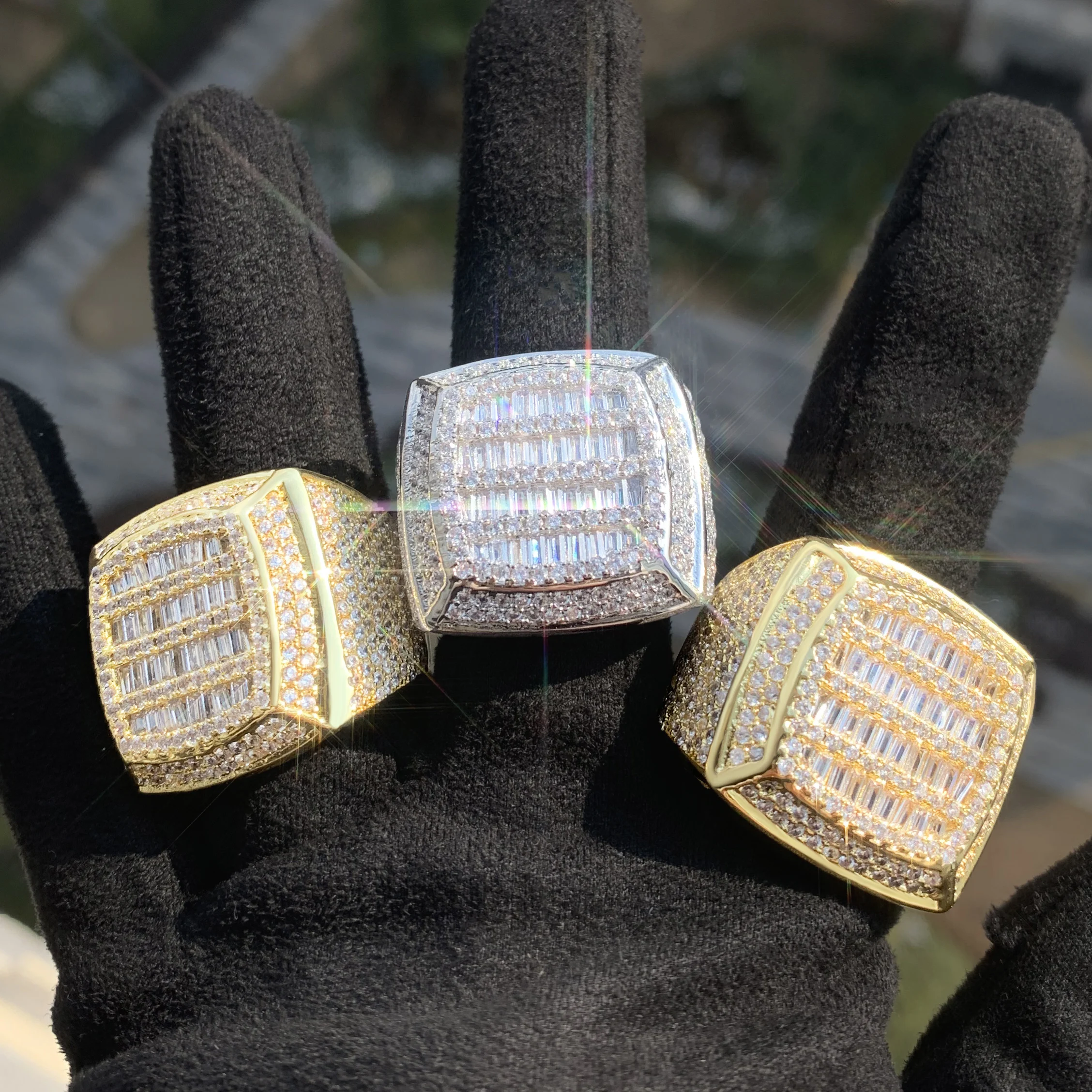 CUC Baguette Cut Square Iced Out Men Ring AAAA Fully Iced Zircon Fashion Rock Rings Gold Silver Color Copper Jewelry