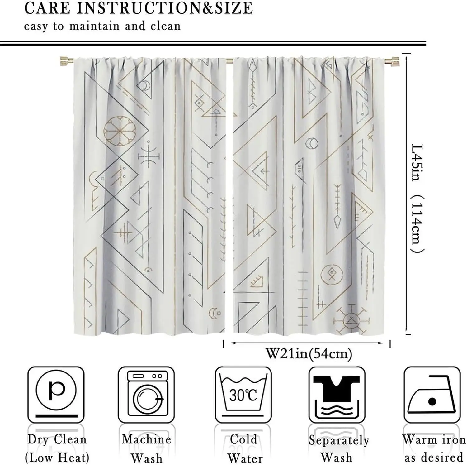 Thin Gold Grey Viking Rune Blackout Rod Pocket Curtain Abstract Triangle Moon Print Decor Modern Homestay Bedroom Rest Bay