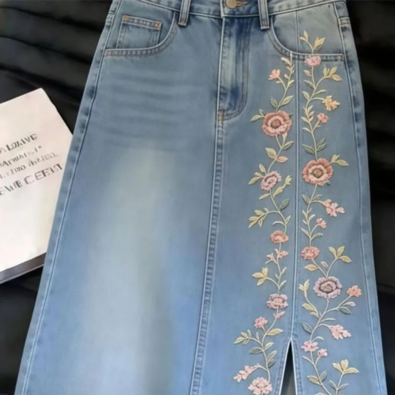 New Mid Length Denim Skirt for Women High-end 2026 Summer New Blue Embroidered High Waisted Denim Skirt Spring Autumn Clothing