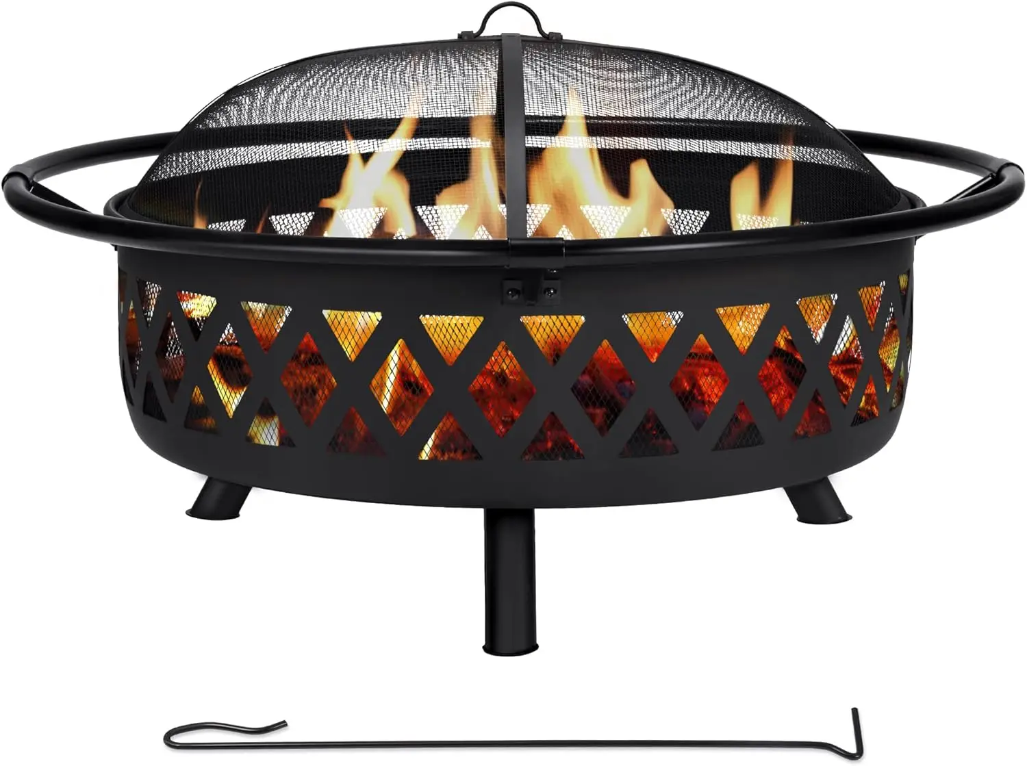 42” Black Patio Wood Burning Fire Pit with Mesh Spark Screen and Fireplace Poker for Outdoor Bonfire
