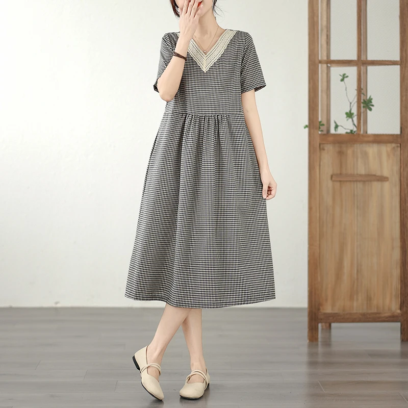 Retro Fashion Casual Plaid Dress Women Summer New V-neck Lace Splicing Loose Slimming Skirt over Knee Cotton Polyester Blend