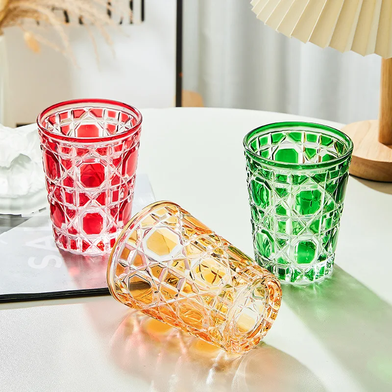 310ml European Style Colorful Checkered Creative Hand-carved Heavy Thick Bottom Whiskey Bourbon Spirits Water Glass Tumbler Cup