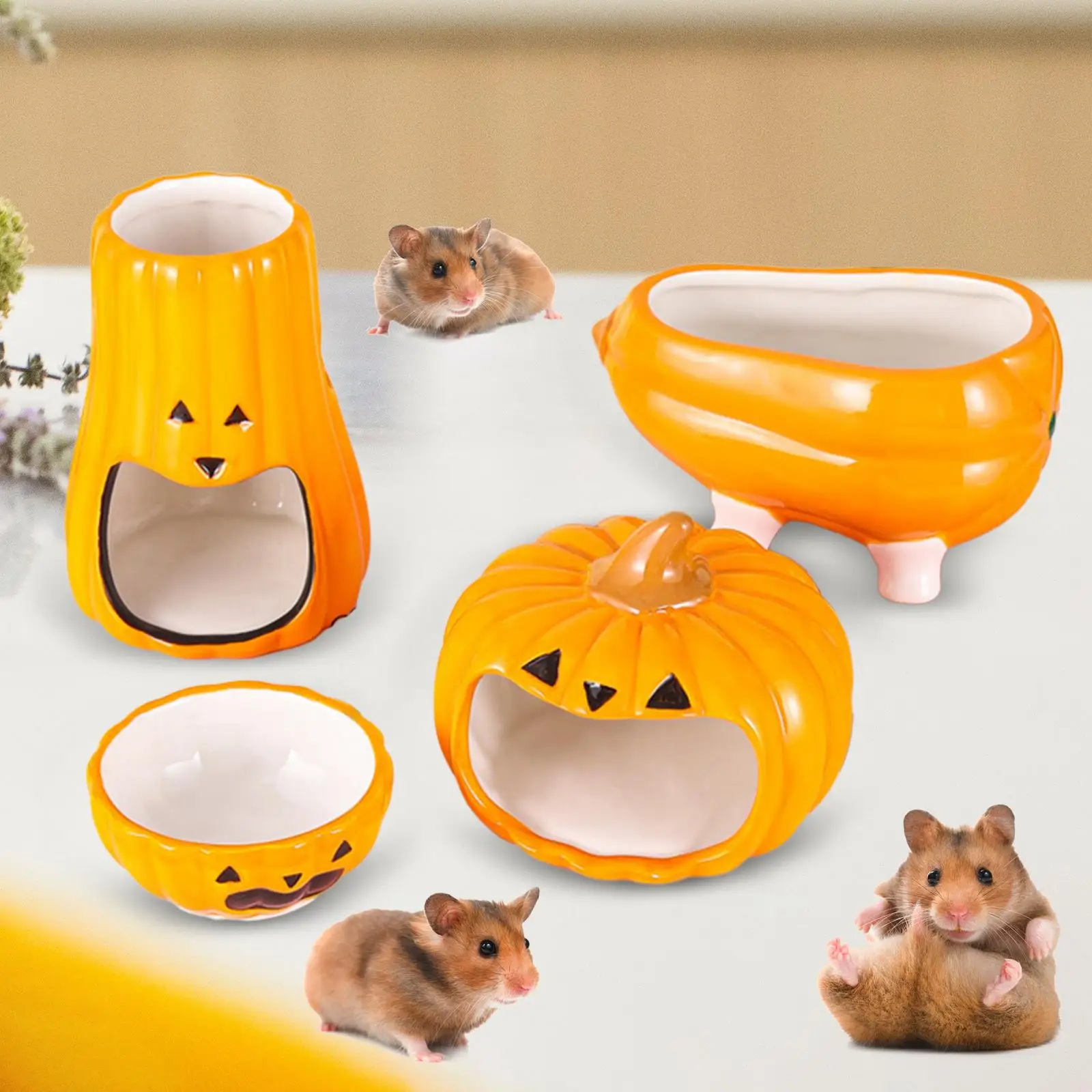 

4Pcs Hamster Ceramic Water Dish Hamster House Water Bottle Holder Bathtub Cute Halloween Pumpkin Decorative for Dwarf Hamster
