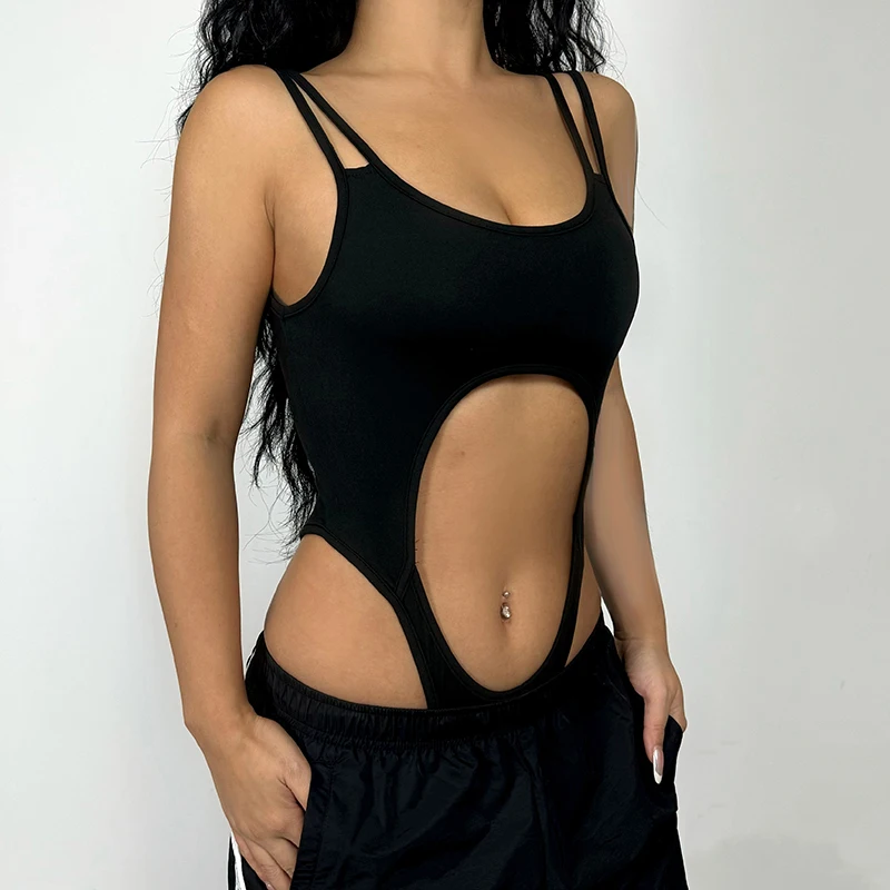 HEYounGIRL czarne Body damskie z wycięciami Rave stroje bez rękawów moda seksowne Body Top Clubwear Grunge ubranka jednoczęściowe