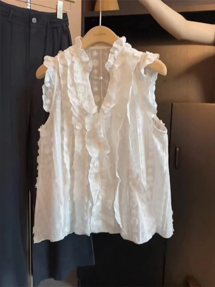 スイート Vネック フリル スウェット レディース サマー トップス 美しい バルベスト アウター 韓国風 刺繍入り ルーズ...