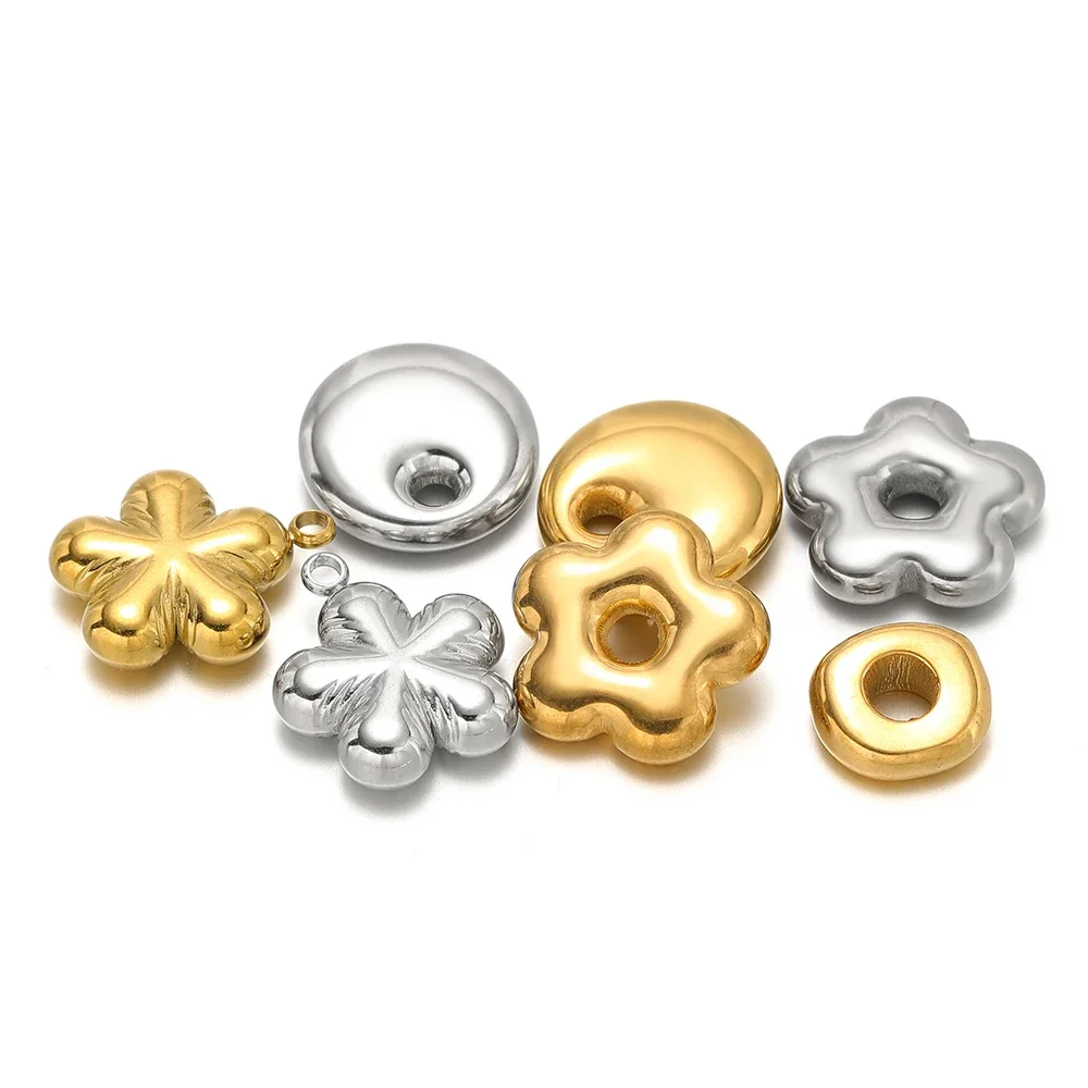 5pcs/lot Stainless Steel Gold Plated Heart Flower Beads Charms Round Pendants for DIY Jewelry Making Bracelet Material Wholesale