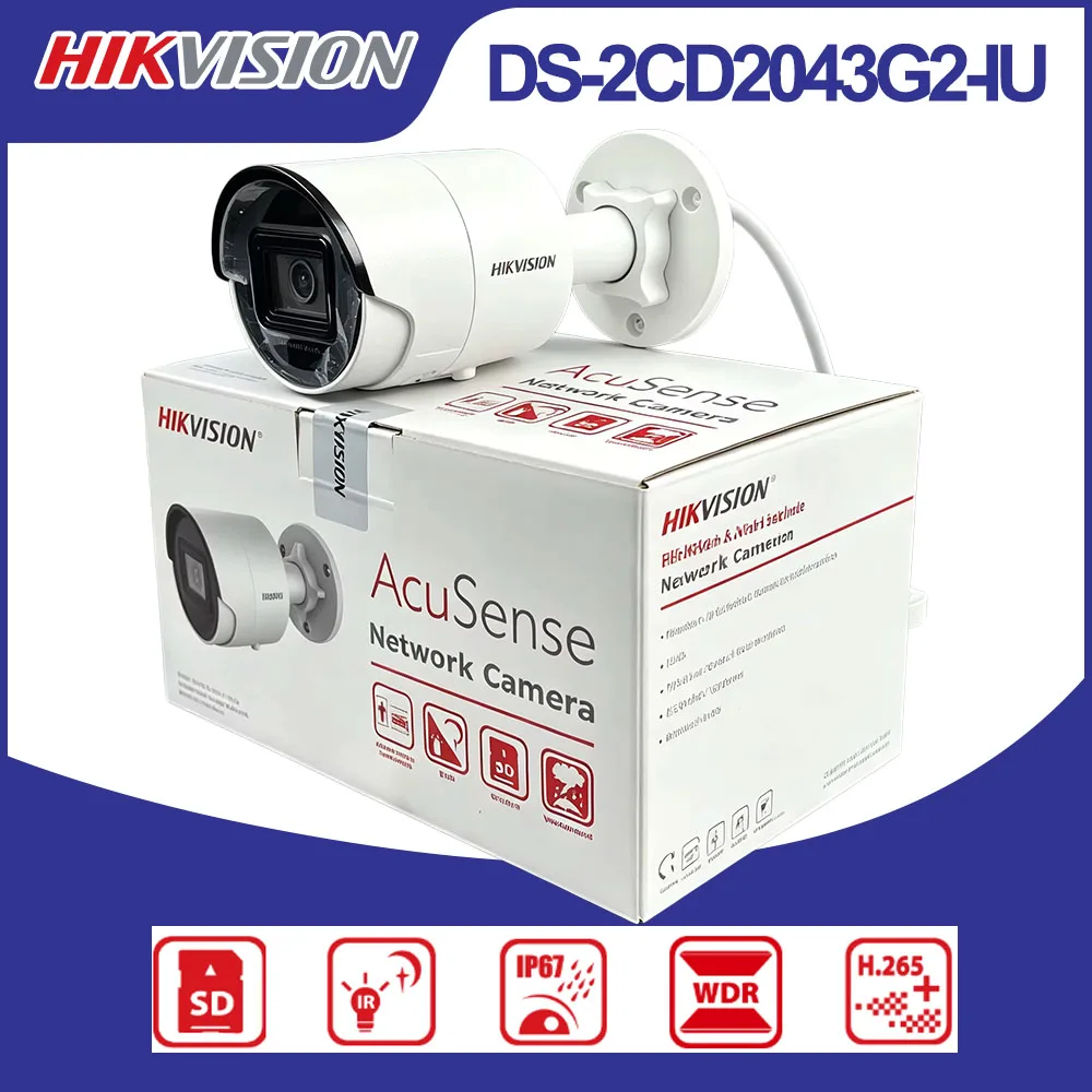 Hikvision DS-2CD2043G2-IU 4MP POE Bullet IP Camera CCTV Camera Built-in Audio H.265+ IP67 AcuSense Outdoor Security Camera