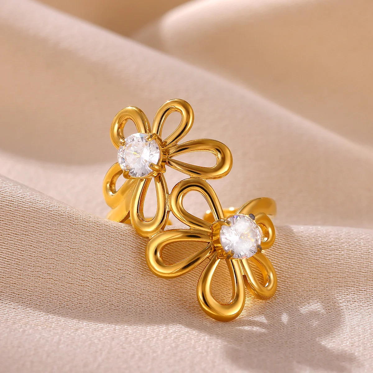 Stainless Steel Hollow Flower Zircon Rings for Women Sweet Irregular Daisy Geometric Open Ring Trendy Charm Jewelry Gift view 2