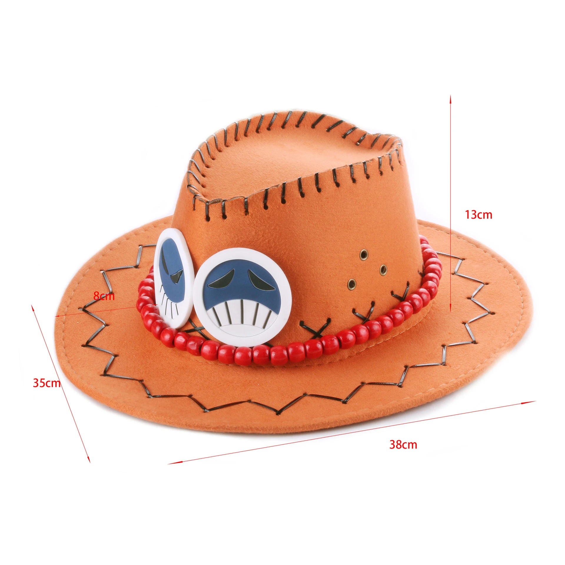 Portgas D Ace Cappello da cowboy cosplay con collana Cappello occidentale in feltro arancione Cappelli per costumi Accessorio per costume di Halloween per cartoni animati anime