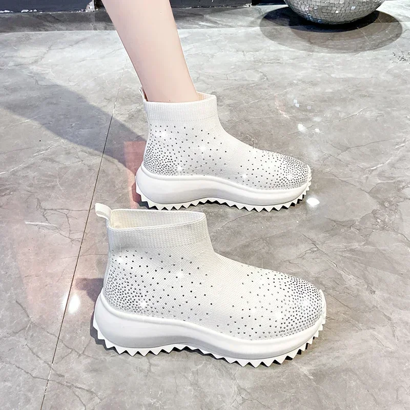 2024 New Stretch Knitted Booties Fabric Sock Platform Wedge Ankle Slip on Spring Autumn Women Fashion Rhinestone Bling Shoes