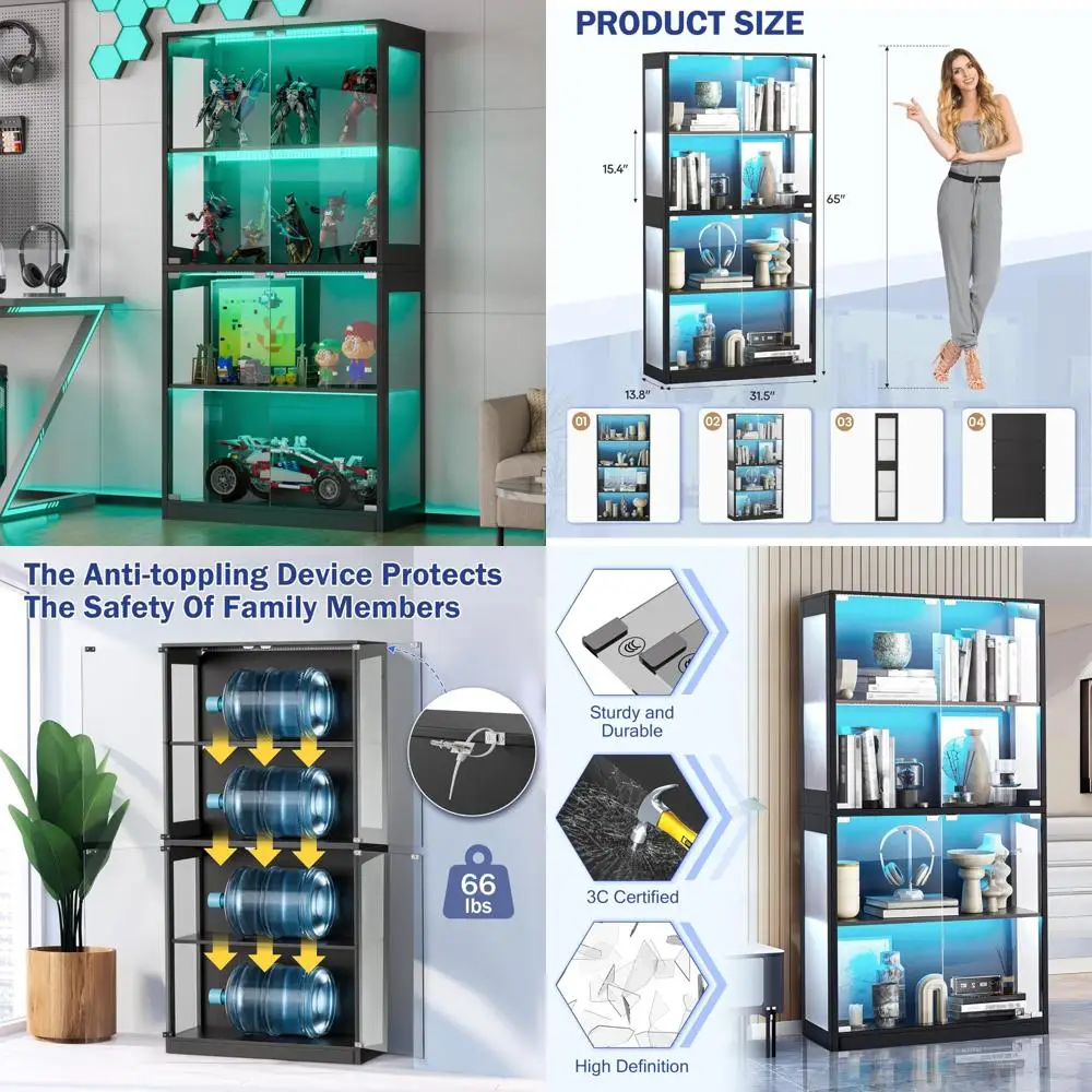 

4-уровневая витрина со стеклянной дверью для предметов коллекционирования, витрина с подсветкой и 12-цветной подсветкой для игрушек и книг