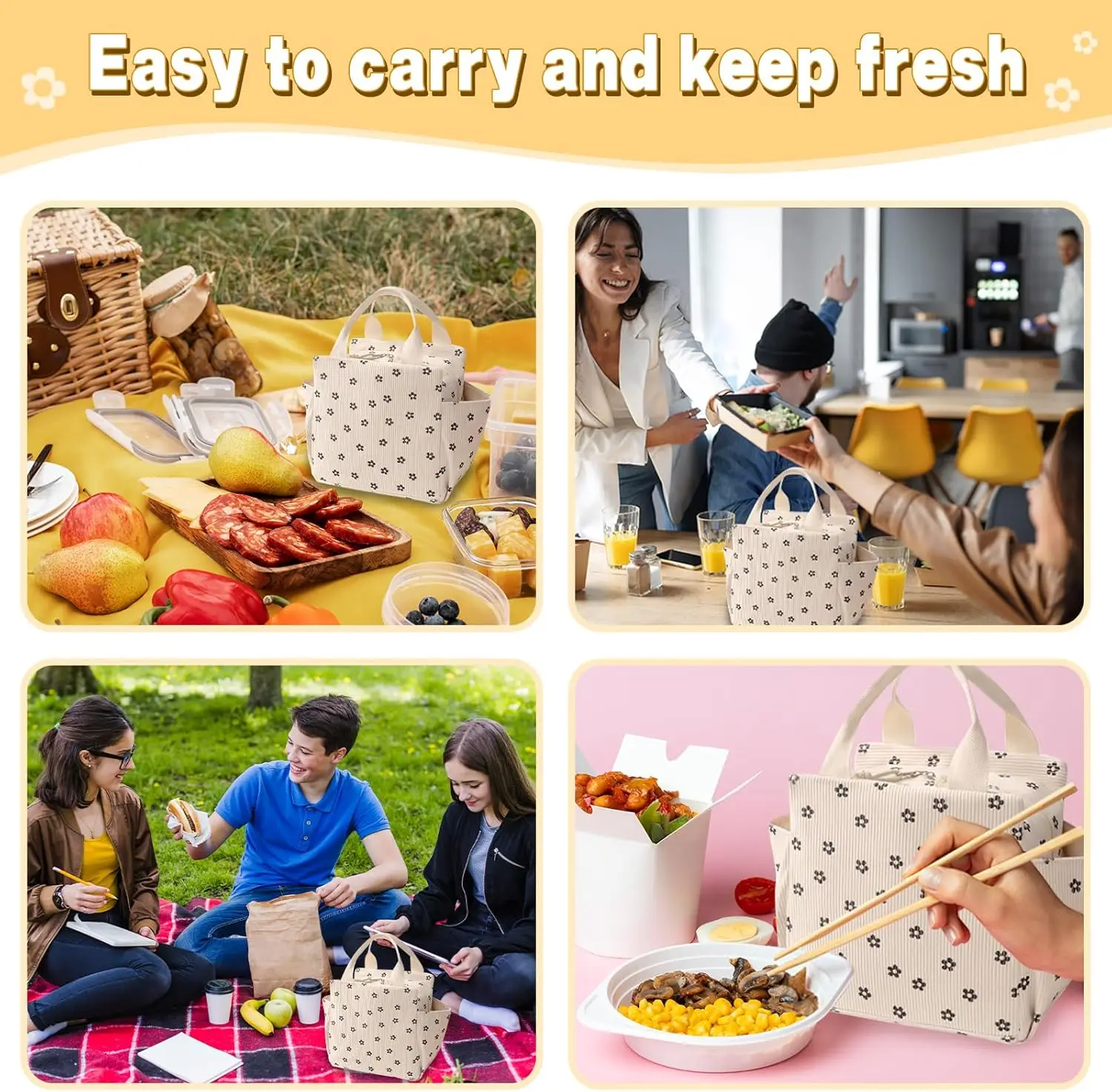 Lunch Bag for Women Men Cute Lunch Tote Bags Reusable Insulated Lunch Box Water Bottle Holder Side Pockets Large