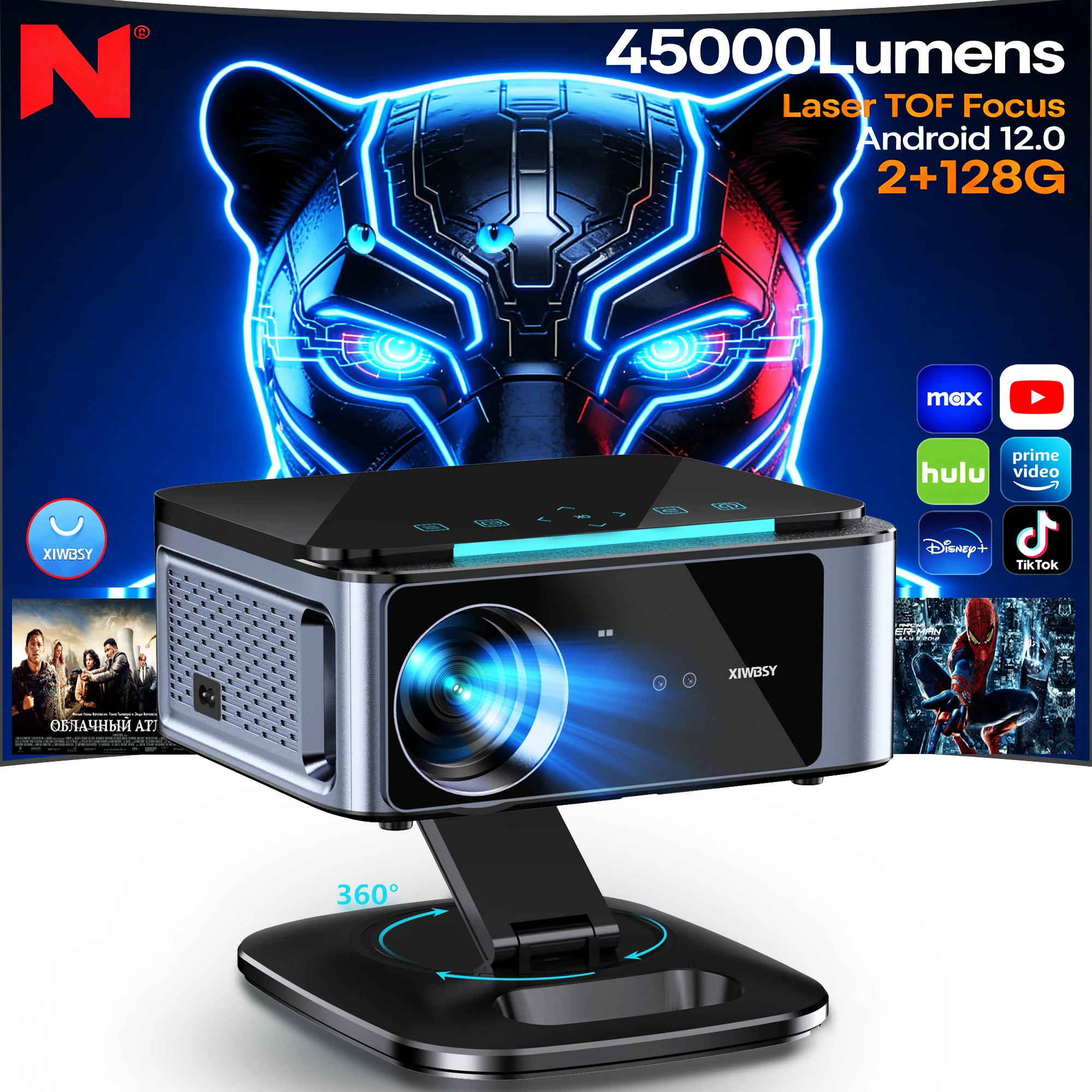 XIWBSY 2026 4K Android 12.0 LED-Projektor 45000 Lumen Laser TOF Fokus-Projektor Full HD 1080P Tragbarer Filmprojektor WIFI6 20MS
