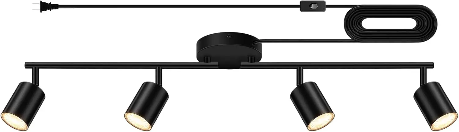 

Black 4-Light Plug-in Track Lighting Kit with Rotatable GU10 Spotlights, 14.8ft Cord for Ceiling/Wall