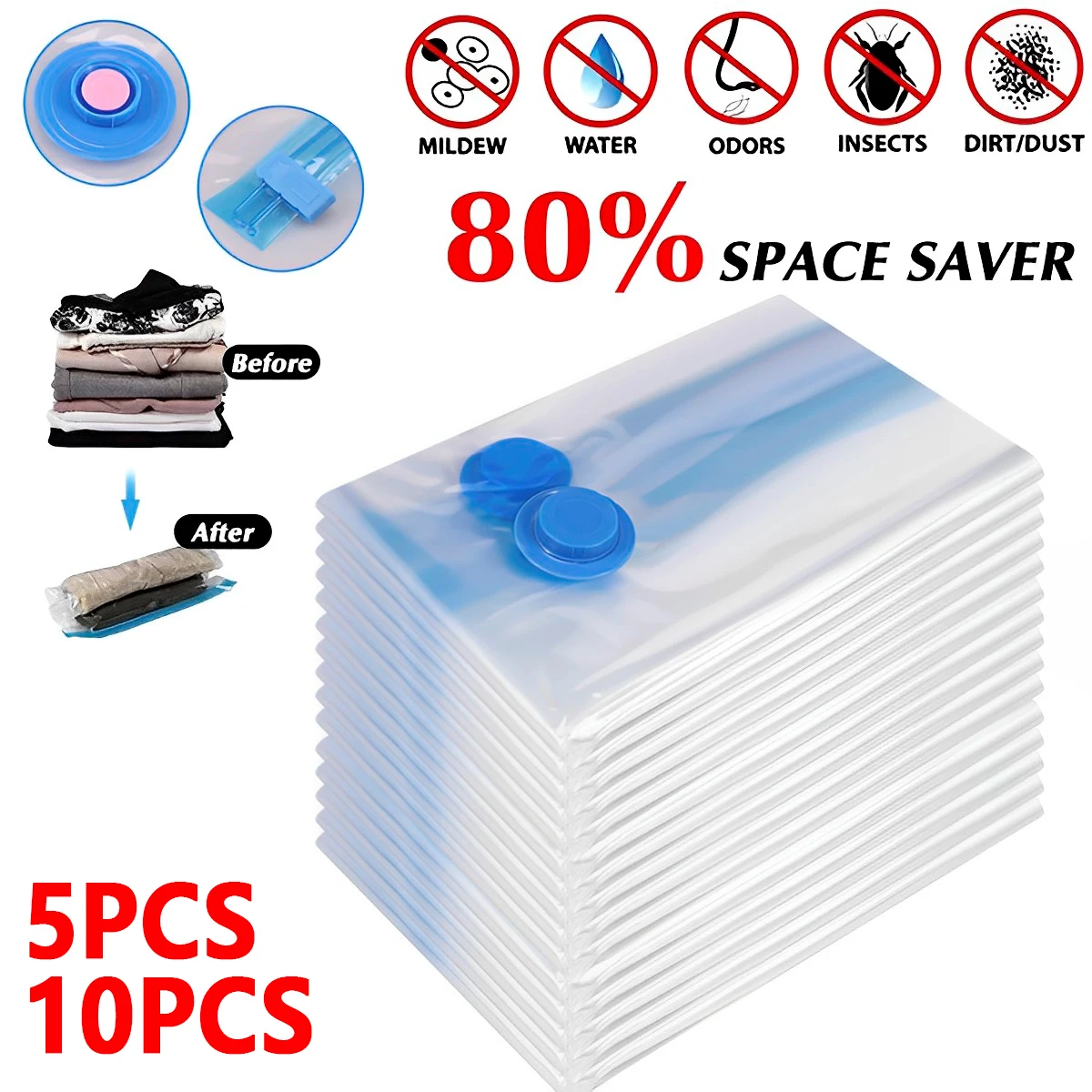 

5/10Pcs Vacuum Storage Bags Reusable Vacuum Seal Compression Bags Leak-Proof Vacuum Packing Bags Clear Space Saver Bags Closet