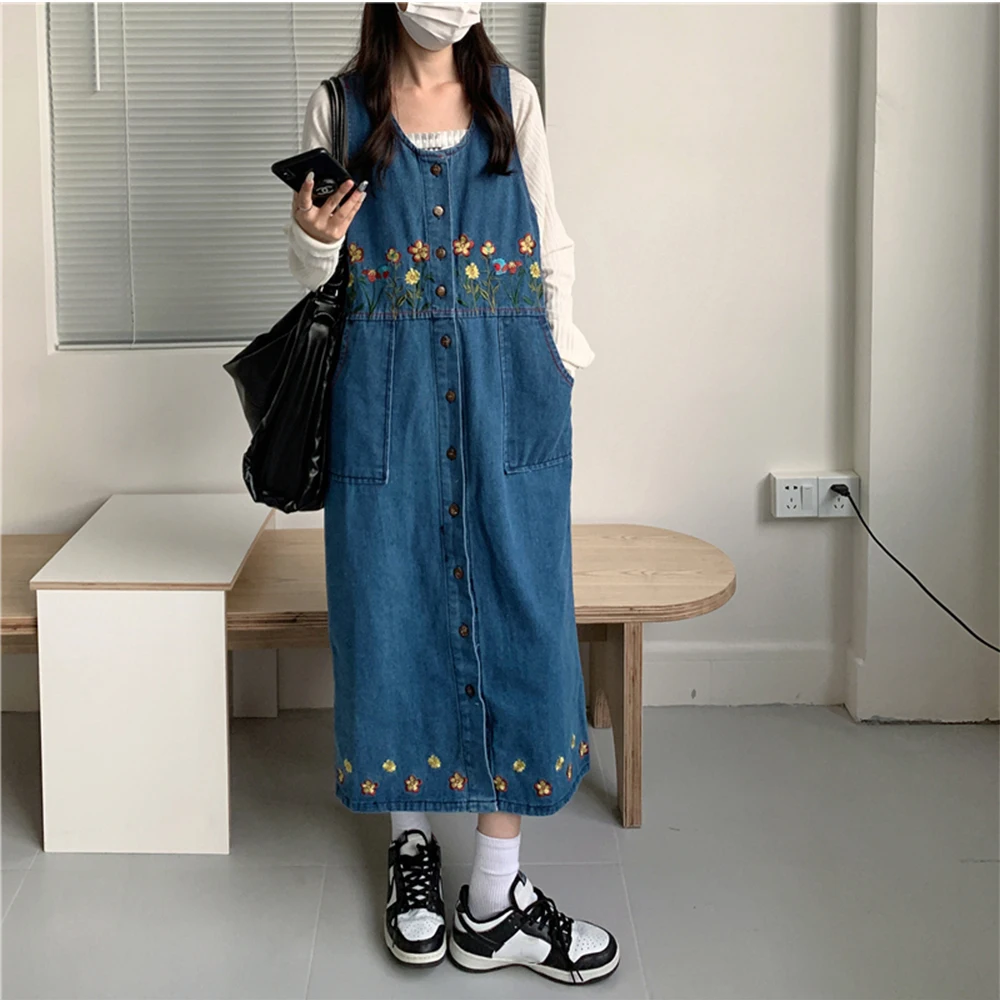 

Women Chic Denim Dress Embroidery Floral Print Sleeveless One Breasted Soft Jean Frocks Spring Versatile Casual Vestido Outfits