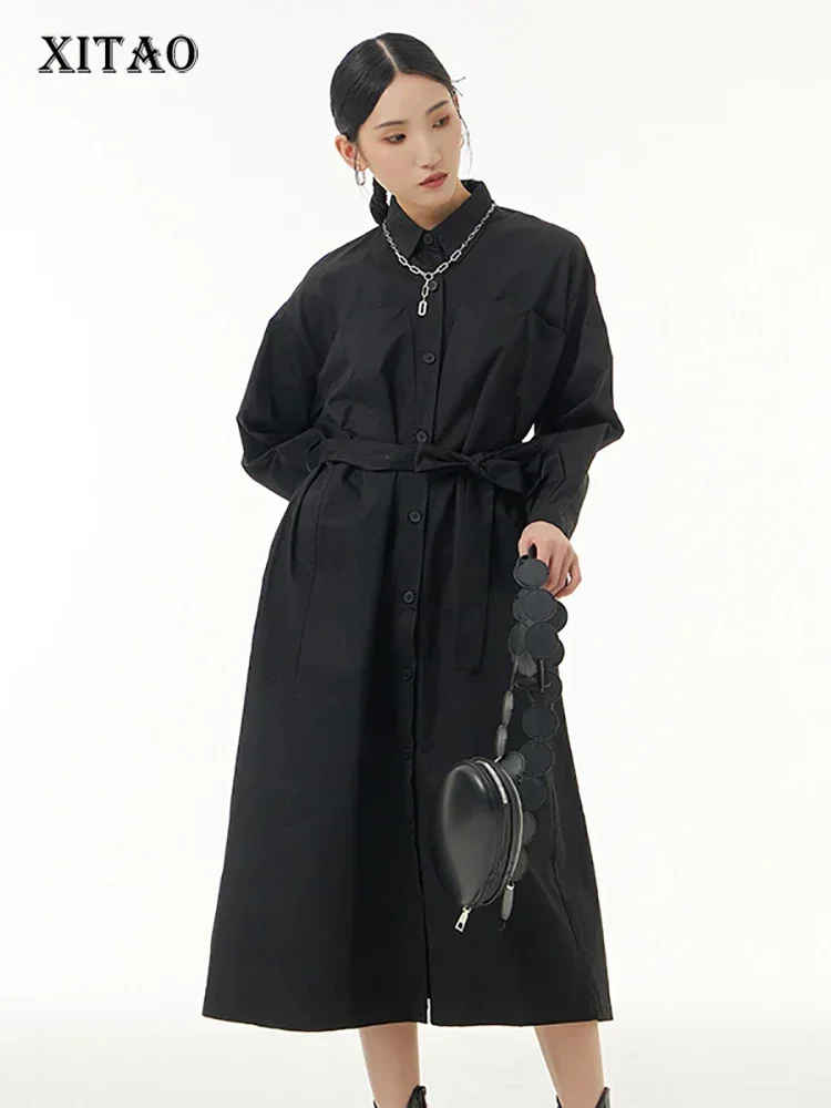 

XITAO Bandage Shirt Dress Fashion Simplicity Solid Color Casual Women Loose Turn-down Collar Temperament Spring New ZY7820