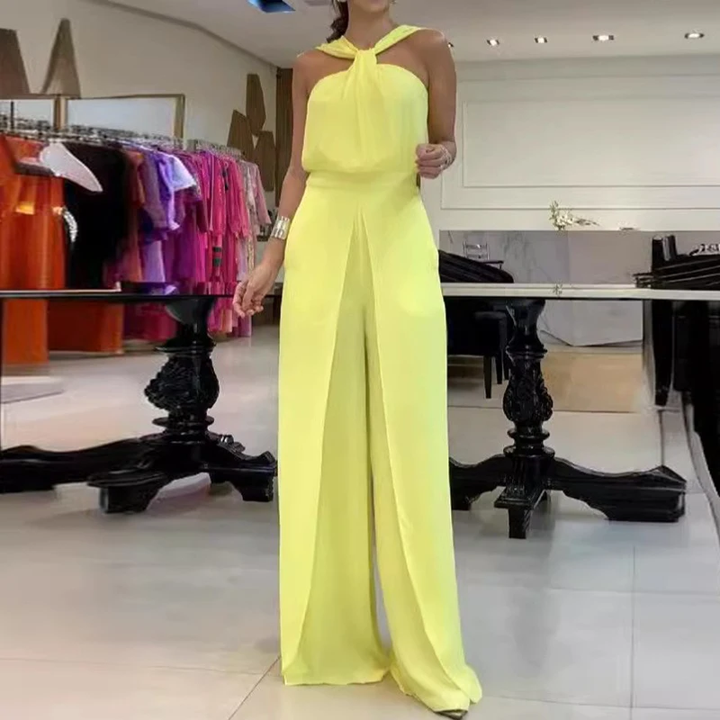 

Sexy Off Shoulder High Waist Long Romper 2024 Solid Color Temperament Commute Jumpsuits Elegant Sleeveless Split Straight Romper