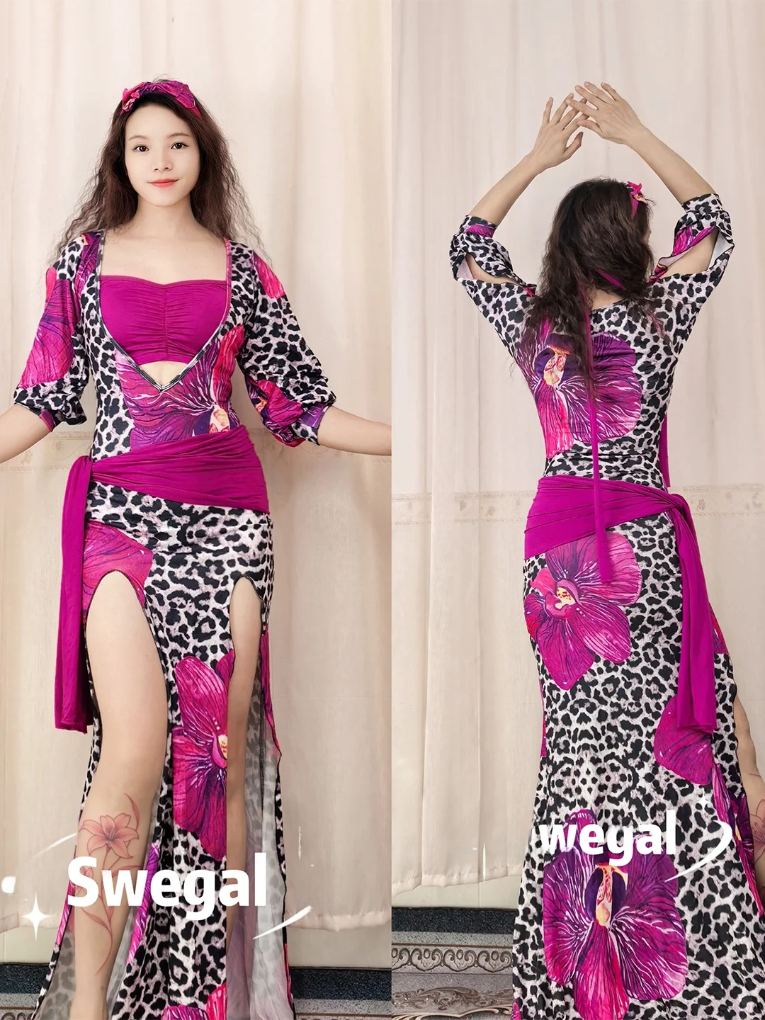 loose-belly-dance-practice-suit-purple-rose-red-large-flower-five-piece-set-baladi-folk-style-four-seasons-universal-women's