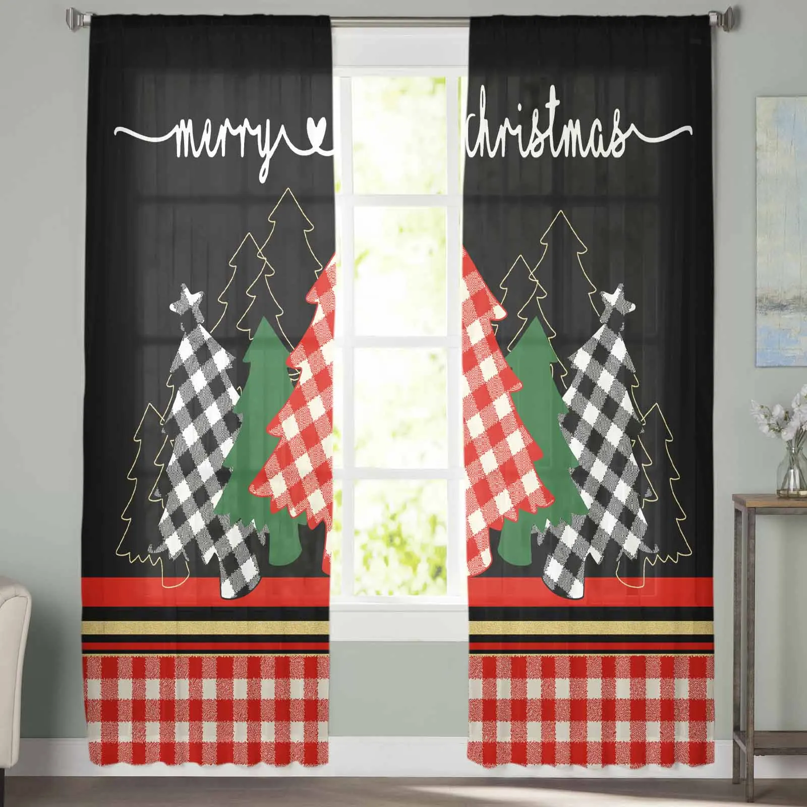 Christmas Tree Grid Lines Hand Drawn  Sheer Curtains for Living Room Bedroom Home Hotel Decor Chiffon Tulle Curtains