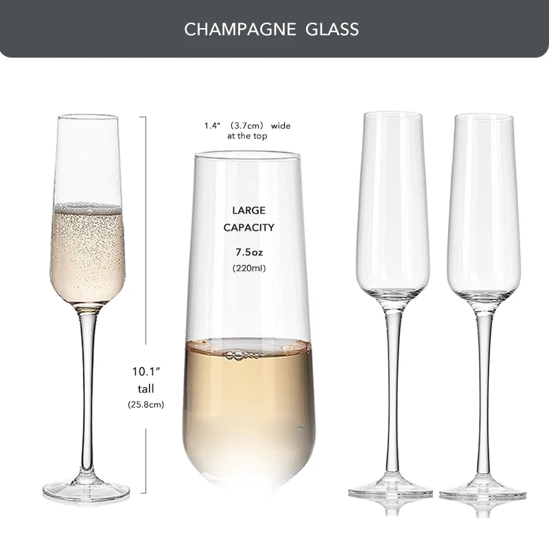 Champagne Flutes (Set Of 2/6) 7.5 oz–Tall, Long Stem Crystal Clear Classic Dishwasher Safe, Quality Sparkling Wine Stemware