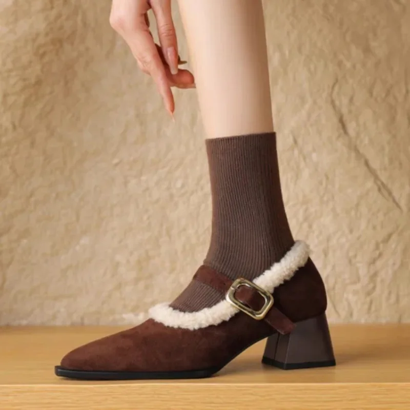 2024 Hot Sale Ladies Shoes Mary Janes Women's High Heels Warm Dress Pumps Women Pointed Toe Med Heel Buckle Strap Shoes Women image 4