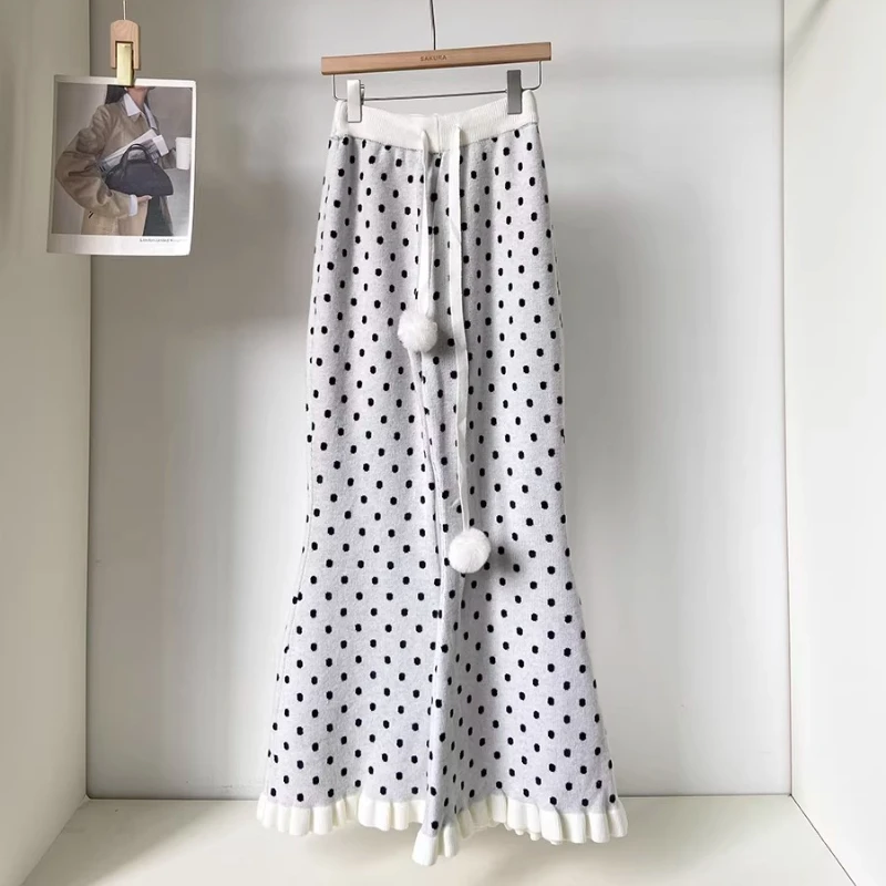 Korean Drawstring High Waist Lace Trim Women's Flared Pants 2025 Winter New Versatile Polka Dot Knitted Casual Trousers Ladies