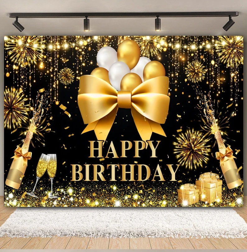 Black Golden Happy Birthday Backdrop Shiny Diamond Pink 18th 30th 40th Birthday Party Decor Photography Background Custom Banner
