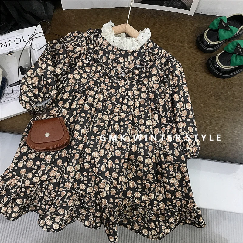 

Girls' Lace Collar Floral Dress Autumn New Korean Children's Clothing Baby Girls' Casual Pastoral Style Long Sleeve Dress