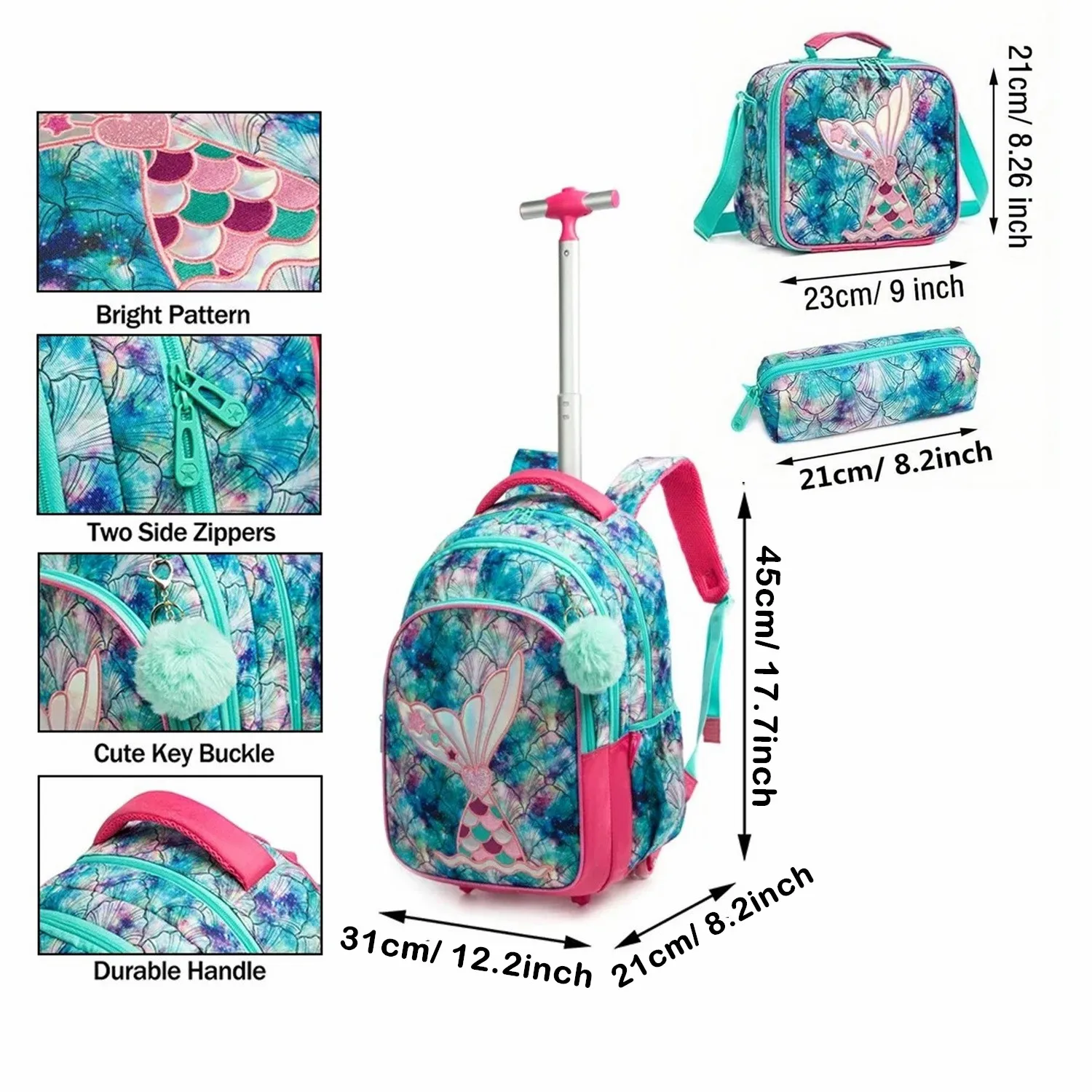 Children School Backpacks for Teenagers 3 in 1 School Backpack for Kids Girls Mermaid Schoolbag with Lunch Bag Pencil Case