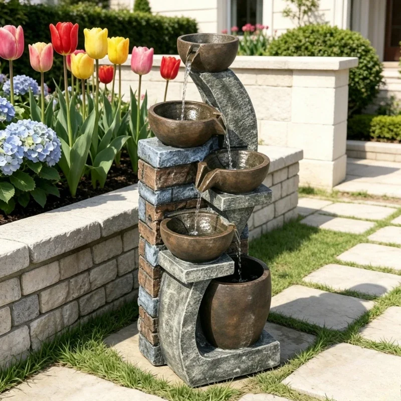 Fontaine solaire de jardin à 5 niveaux en résine gris-brun effet briques avec lumières LED, cascade d'eau de 107 cm de hauteur, ornement aquatique décoratif résistant aux intempéries pour patio, pelouse, jardin et aménagement paysager extérieur