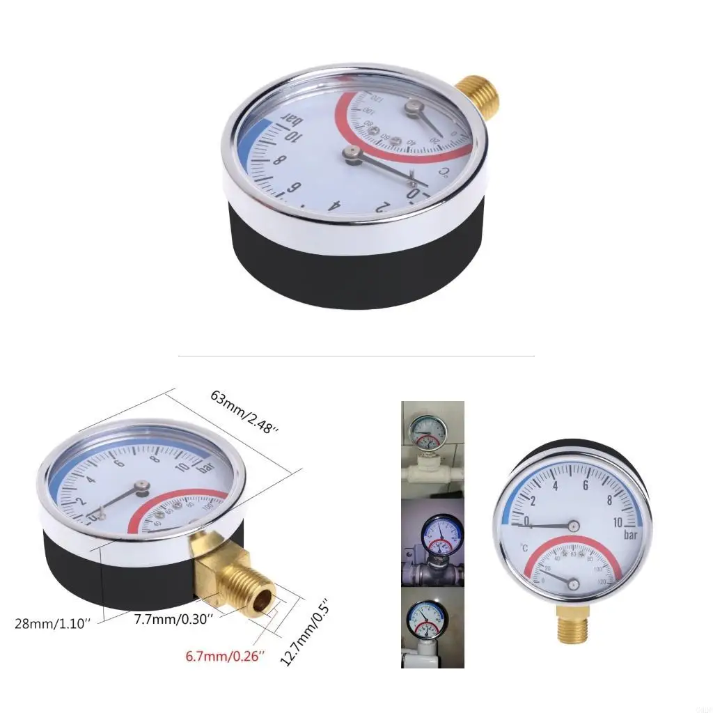 G92C Compact Pressure Gauge Meter 0-10 Bar Temperature Monitor Thermometer 0-120℃  G1/4 Thread Pressure Dial Type Useful