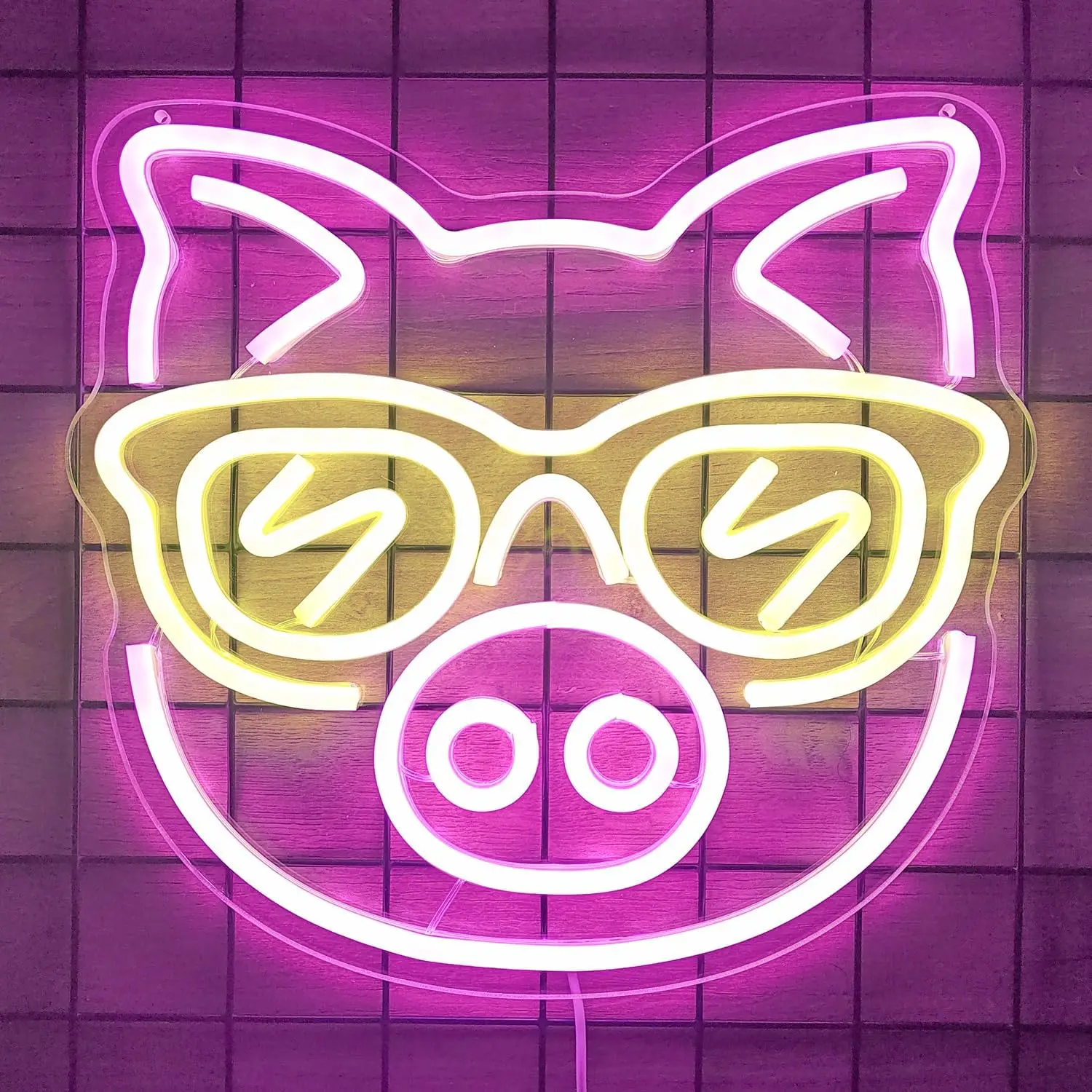 Pink Pig with Yellow Glasses Neon Sign LED Light for Kids Bedroom Home Bar Party Decor Cute Animal Night Lamp Unique Gift Idea