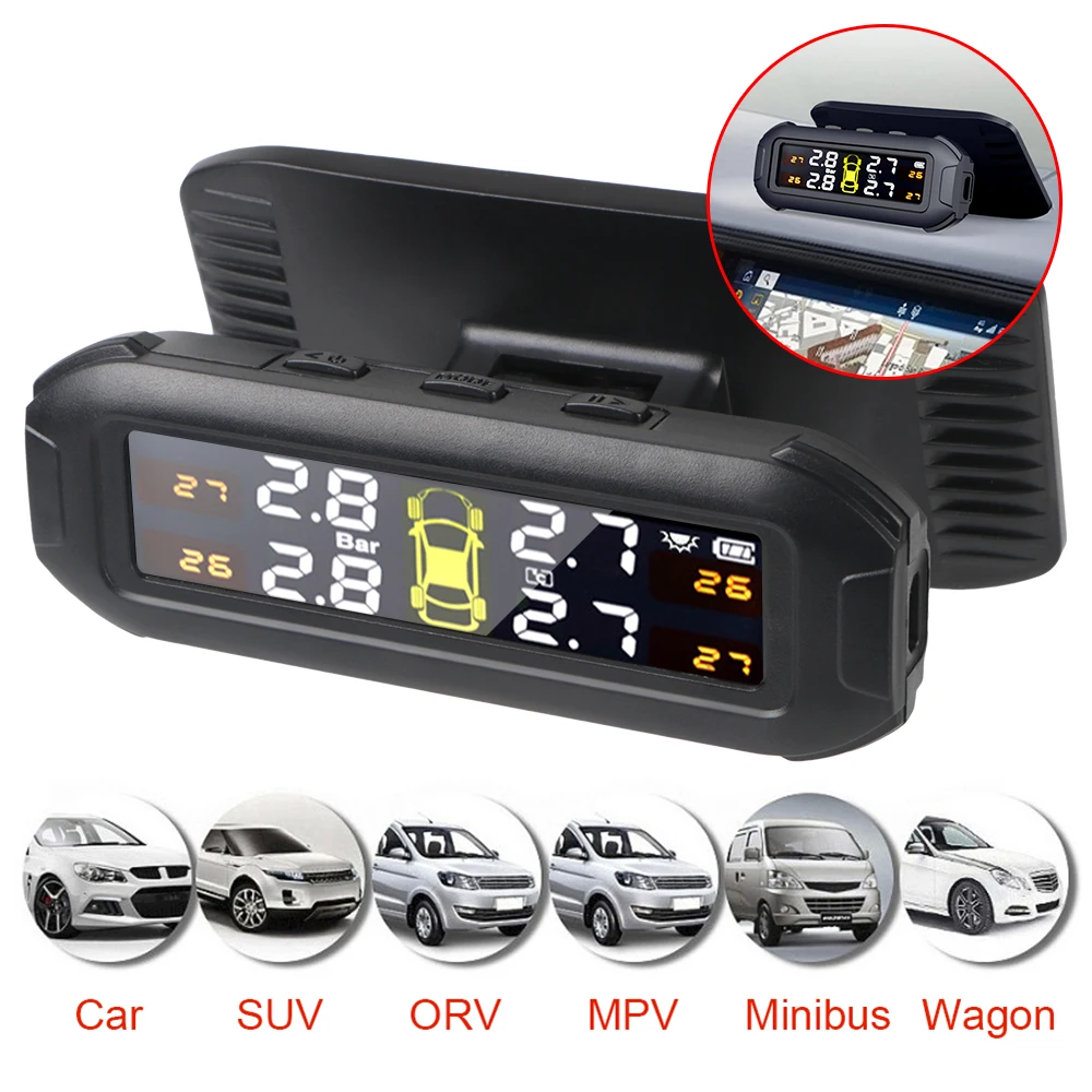 Solar TPMS Tire Pressure Monitoring System Car Tyre Pressure Monitor Temperature Warning Fuel Save With 4 External Sensors