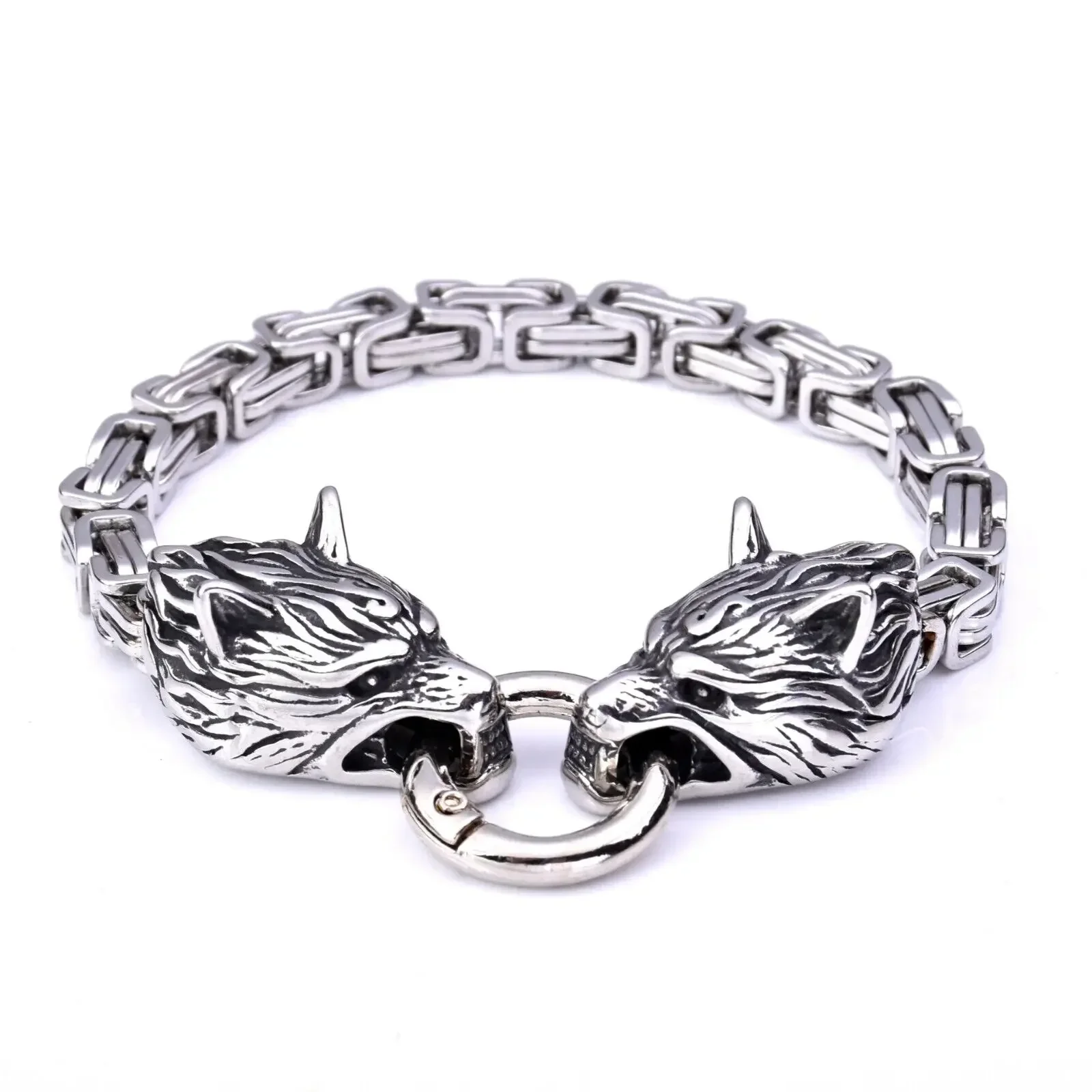 

Stainless Steel King Norse Viking Fenrir Wolf Head Byzantine Bracelet for Men Chains