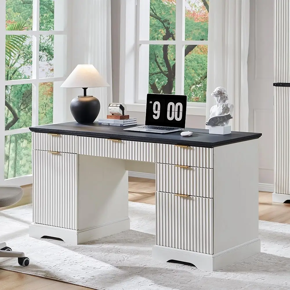 

58"" Modern Executive Desk With Storage, Wood Home Office Desk With 5 Drawers & 1 Cabinet, Fluted Computer Writing Desk For