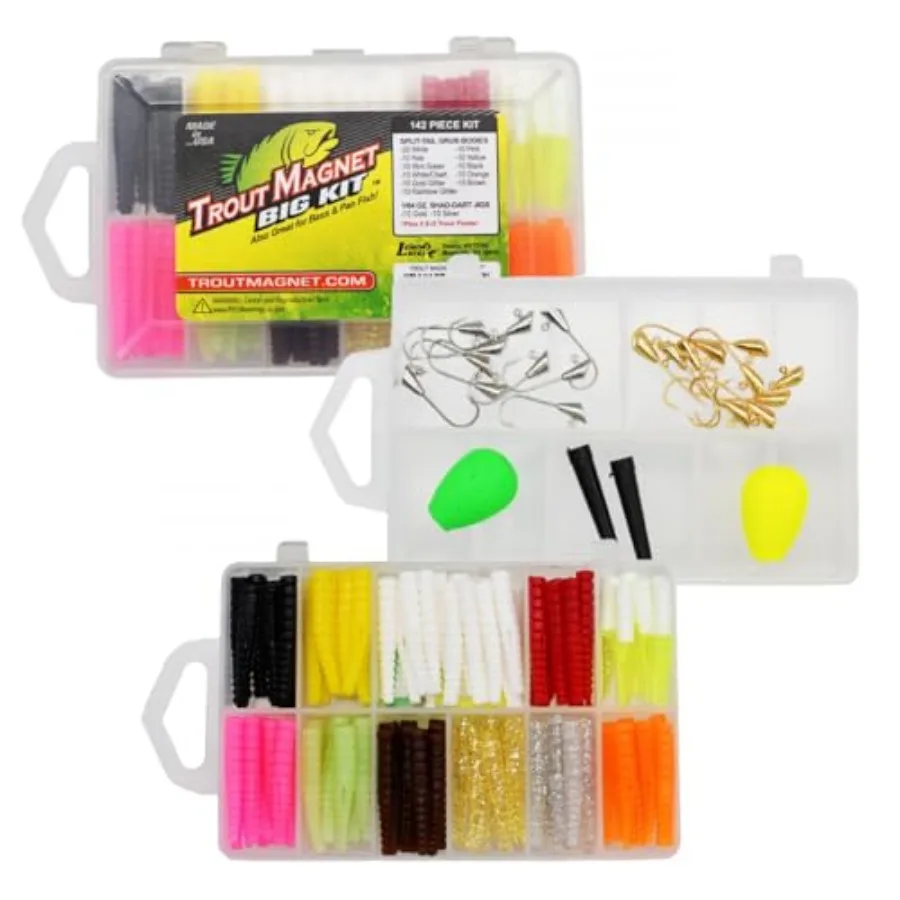 

Original 142-Piece Trout Fishing Gear Kit - 120pc Grub Lures with Neon Bait 20 Hooks 2 Floats - High Grade Kit for Freshwater a