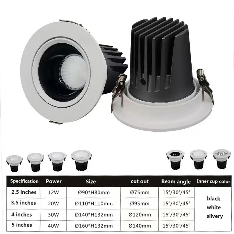 High Quality Modern Hotel Cob LED Recessed Spotlight Anti-Glare 5W to 40W Ceiling Downlight Aluminum Body IP44 Rated