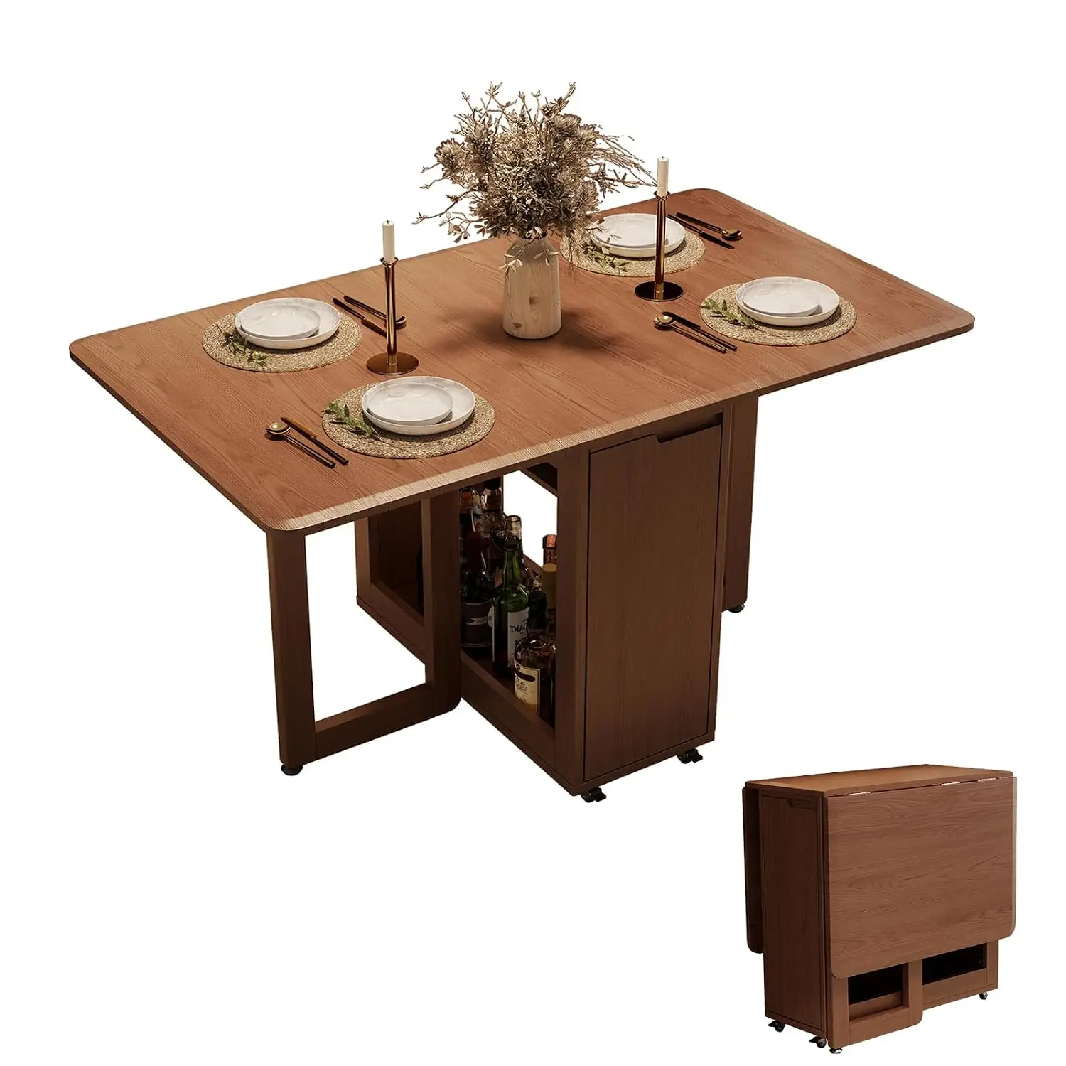 1 Solid Wood Folding Dining Table, Space Saving Extendable Solid Wood Drop Leaf Table for Kitchen Dining Living Room Small Space