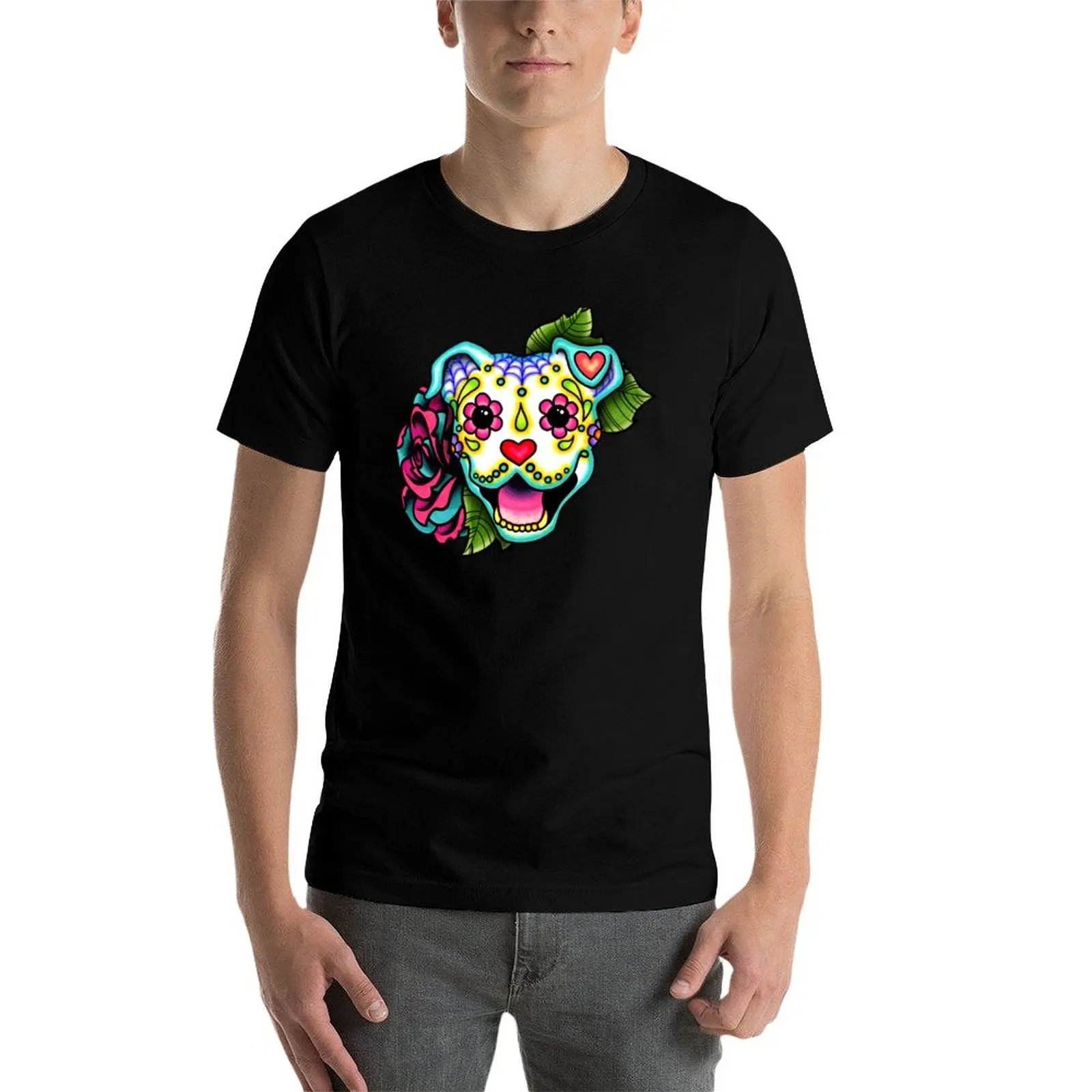 

Smiling Pit Bull in White - Day of the Dead Pitbull - Sugar Skull Dog T-Shirt man t shirt summer t shirt man designer T-Shirt
